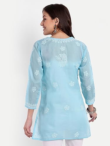 Image of Ada Hand Embroidered Lucknow Chikankari Straight Round Neck Cotton Blend Short Kurti Tunic Top for Women A911333