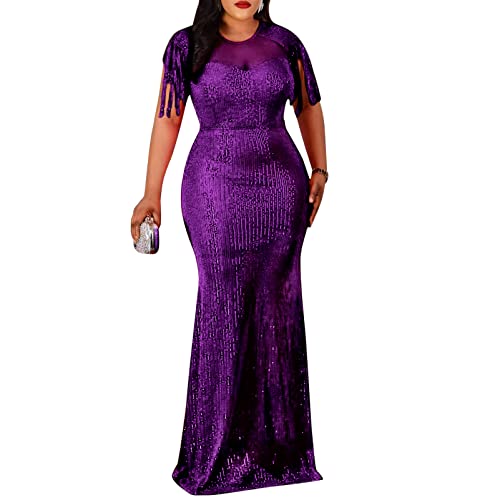 Image of Cololura Sexy Sequin Tassel Mesh Perspective Party Cocktail Bodycon Evening Club Maxi Dress