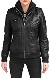 Motorcycle Jackets Brando Motorcycle Everyday Women Biker Genuine Leather Hoodie Jacket with Detachable Hood (Medium) Black