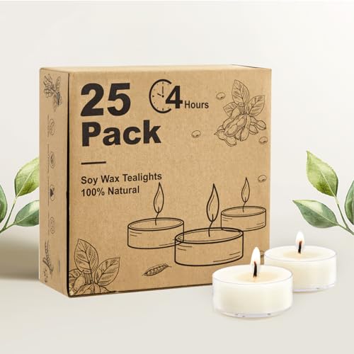 Hypmis Velas de Té de Cera de Soja, 25 Unidades, 4 Horas de Combustión, Sin Perfume y Sin Humo, Blancas con Cápsula Acrílica para Decoración y Bodas