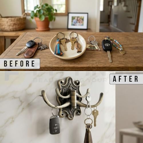 Image of Octopus Zinc Metal Wall Mounted Key Holder with Hooks for Home, Kitchen & Entryway, Durable Heavy Duty Decorative Key Rack Organizer for Keys, Vintage Style - Antique Finish