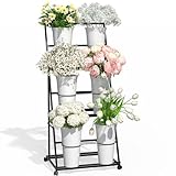 TerraKit Black Tiered Flower Display Stand with 6 Buckets, Rolling 3-Tier Floral Cart for Florists, Markets & Events, Mobile Flower Presentation Rack for Shop, Patio or Wedding Setup