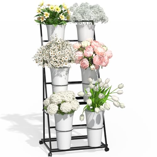 TerraKit Black Tiered Flower Display Stand with 6 Buckets Rolling 3-Tier Floral Cart for Florists Markets & Events Mobile Flower Presentation Rack for Shop Patio or Wedding Setup