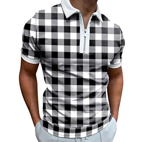 Polo Shirts for Men Casual Short Sleeve Quarter Zipper Lapel Collar Fashion Plaid Print Polo Shirt Slim Fit Tops
