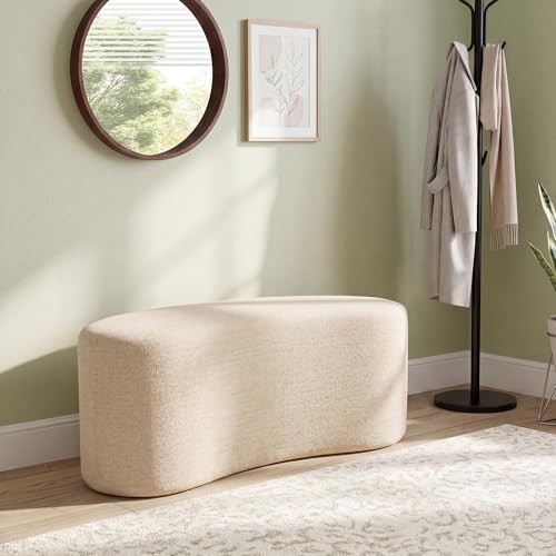 Image of Zesthouse Upholstered Ottoman Bench for Bedroom, 39.8 inch Curved Linen End of Bed Bench, Modern Small Bench Seat for Living Room Entryway Hall Mudroom, Soft Beige Fabric Coffee Table, Crescent Shape