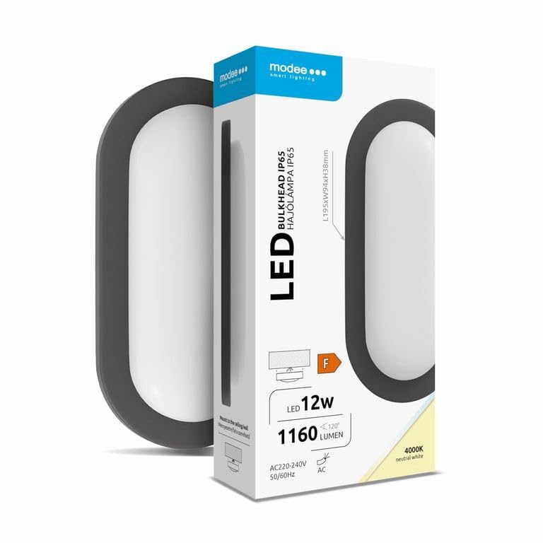 Modee Lampada da Parete LED impermeabile ovale 12W 1160lm 4000K IP65 Illuminazione Per Esterni e Interni - nero (Nero)