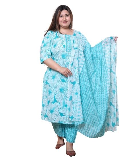 Plus Size Floral Print Pure Cotton Straight Kurta, Dupatta & Pant Set
