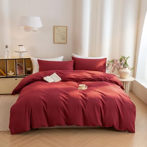 Image of PinkMemory Red Striped Duvet Cover King 100% Washed Cotton Vintage Stripes Bedding 3pcs Pinstripe Patterned Duvet Cover Set with Zipper Closure Corner Ties,Soft Breathable