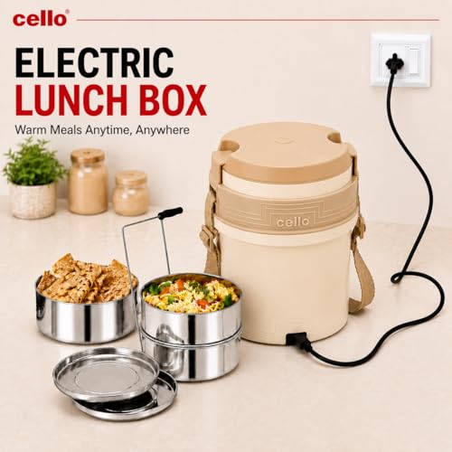 Image of CELLO Newton 3 Tier Compartment Stainless Steel Electric Lunch Box For Office Use, Beige | Shock Proof & Cool Touch Outer Body, Rubber Grip Lift Handle Leakproof Stainless Steel Electric Lunch Carrier