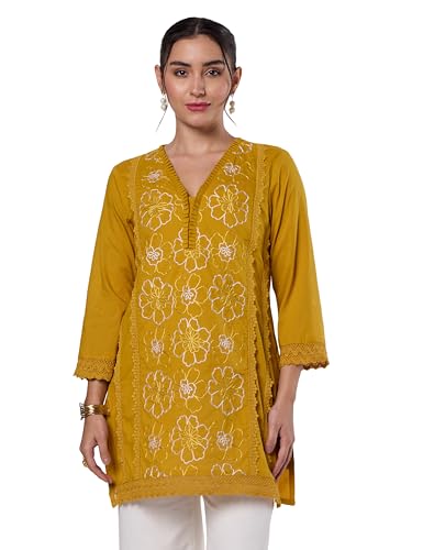 Image of Amazon Brand - Myx Women's Pure Cotton Embroidered Short Kurti | Tunic | Short Kurta (Available in Plus Sizes)