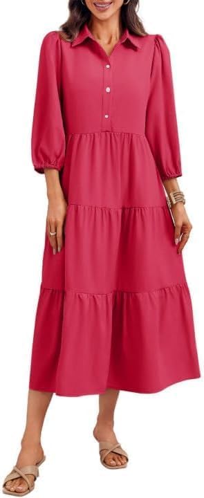 Wenrine Womens Casual 3/4 Sleeve Shirt Dress Button Down V Neck Tiered Collared Flowy Maxi Dress - Image 2