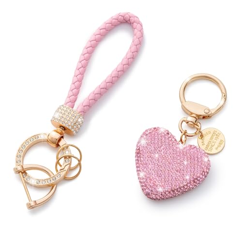 CHUQING Porte-clés de voiture en forme de cœur avec strass scintillants, porte-clés en strass pour femme, Rose, taille unique