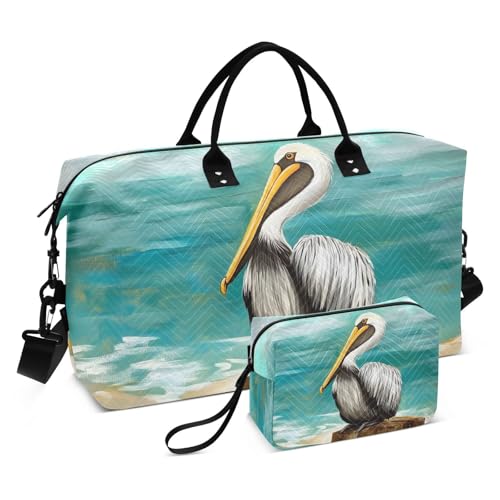 Large Travel Duffel Bag, Pelican Stand Funny Sport Tote Gym Bags, Shoulder Weekender Overnight Bags for Women Men, Carry On Luggage with Toiletry Bag