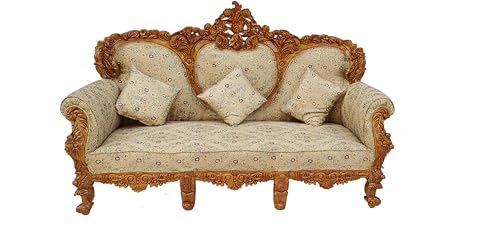 Image of Wooden 5 Seater Sofa Set | 3+1+1 Solid Wood Heavy Hand-Carved Sofa | Traditional Design Furniture for Living Room, Home | Office