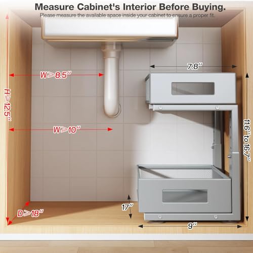 Image of 2 Packs 17IN Depth Under Sink Organizer, 2-Tier Pull Out Cabinet Organizer With Smooth Circular Rail, Large Capacity Metal Mesh Sliding Drawers For Bathroom& Kitchen Storage,Height Adjustable-Gun Gray