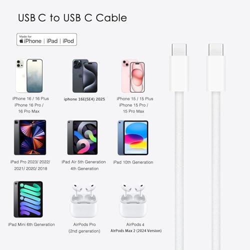 Image of 10FT iPhone 17 /16 /17E /16E Woven Cable for iPhone 17 /16 /15 Pro Max, 17Air, 15 /16 Plus Cable, USB C to USB C for AirPods 4, AirPods Pro 2, TV Siri Remote, 4K Remote 3rd Gen, TV 4th Gen Charger Cord