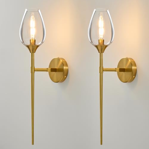 Image of Set of 2 Gold Glass Wall Sconce Light,Vanity Light with Flower Shade | Decorative Wall Sconces Lights over Mirror,Indoor Brass Bathroom Vintage Vanity Lighting for Bedroom Living Room