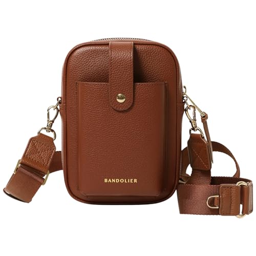 Bandolier Dillon Bag Crossbody | Stylish Pebble Leather Bag | Adjustable Strap Exterior Slip Pocket | Small Bags for Women - Cognac/Gold
