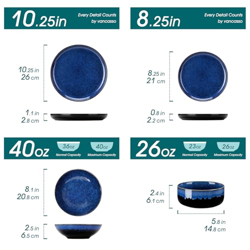 vancasso Starry Plates and Bowls Sets for 6, 24 Pieces Dinnerware Sets, Blue Reactive Glaze Dishes Sets for Kitchen, Scratch Resistant Stoneware Dishes Set, Dishwasher and Microwave Safe - Image 2