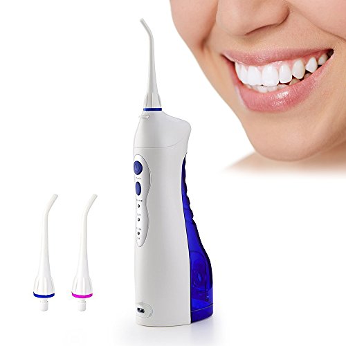 Oral Irrigator Portable Dental Water Flosser Cordless IPX7 Waterproof Rechargeable Irrigator - Best Dental Care Flossing WaterJet - 3 Water Pressure Modes – 2 Replacement Nozzles for Home and Travel