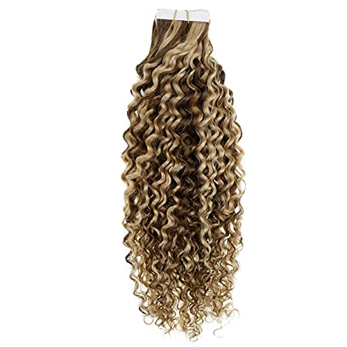 Hair Extensions Tape in Real Human Hair Natural Color Dark Brown with Strawberry Blonde Tape in Hair Extensions Kinky Curly for Women 20 Inch 50g