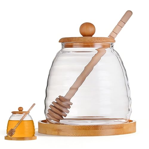 Siocok Glass Honey Pot Honey Jar with Spoon and Lid Glass Honey Equipped with wood Honey Stick And tray For home kitchens 500ml