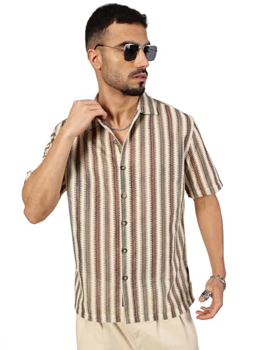 Image of Thomas Scott Men's | Stripes | Half Sleeve | Slim Fit | Polyester-Blend | Spread Collar | Casual Shirt
