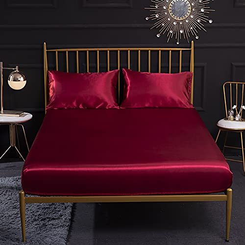 Thmyo Satin Bed Sheet Set,Extra Soft Deep Pocket Silky Satin Sheet Set With 1 Fitted Sheet +1 Flat Sheet + 2 Pillow Cases (4-Piece Wine Red, Queen) #TOP1