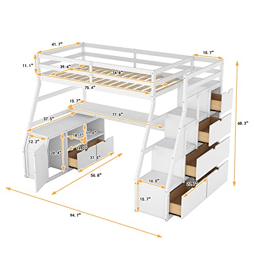 Merax Loft Bed Twin Size, Wooden Frame With Desk And Storage, Space-Saving Design With Convenient Multi-Drawers & Cabinet, For Teens Adults (White) #TOP2