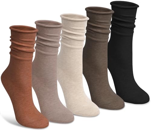 Image of Chalier 5 Pairs Slouchy Socks for Women, Soft Cotton Crew Socks | Breathable Blend, Elastic Cuff, Cute Roll Top, Calf Scrunch Tube, Easy Pull On, Flexible Stretch Motion, Casual Daily Wear