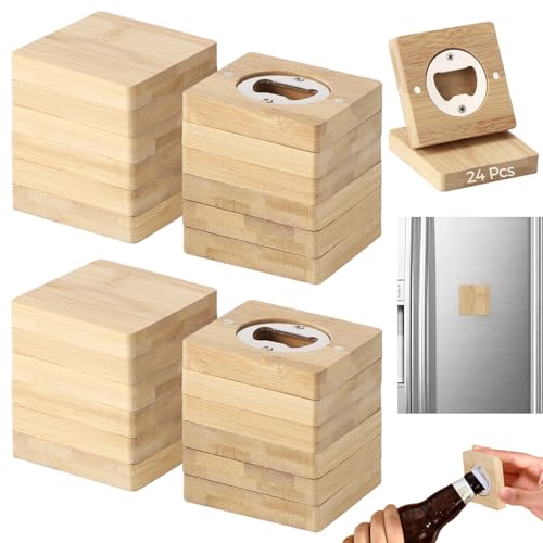 24 abridores de botellas adsorbentes, abrebotellas cuadrados de madera de 2.6 x 0.5 pulgadas con superficie en blanco, función de calcomanía de refrigerador, gran regalo para fiestas, bodas, pubs