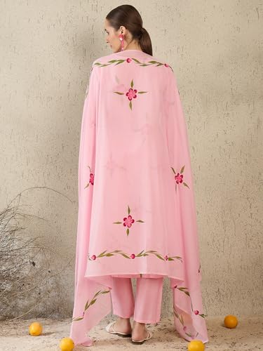 Image of INDO ERA Women's Pure Cotton Floral Printed Thread Work Kurta & Pant with Dupatta Set | Cotton Kurta Set For Woman