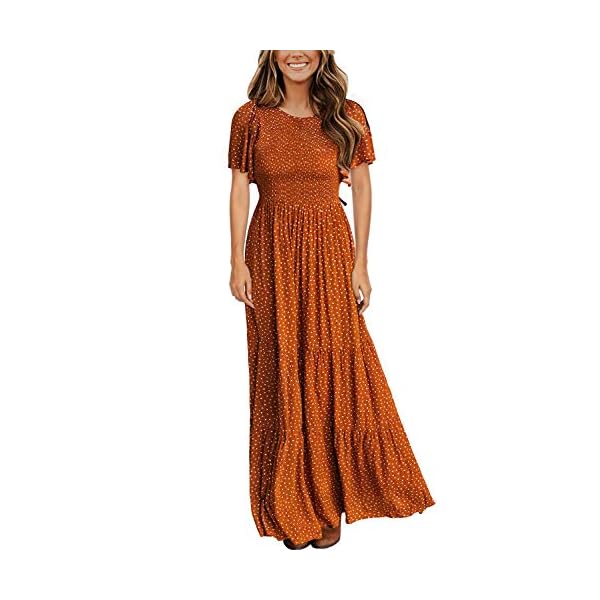 Women's Summer Dress for Women 2024 Spring Dress Short Flutter Sleeve Round Neck Casual Flowy Smocked Long Floral Maxi Dress Caramel M