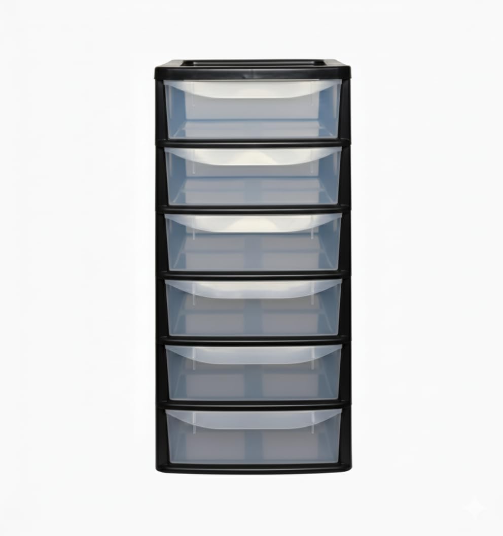 ZYORA A4 Small Plastic Storage Drawers Unit, Compact Vertical Organizer with Drawers, Durable Plastic Drawers Storage and Organization for Home, Office, Crafts & Household Use (Black/Clear, 6-Tier) — image 1