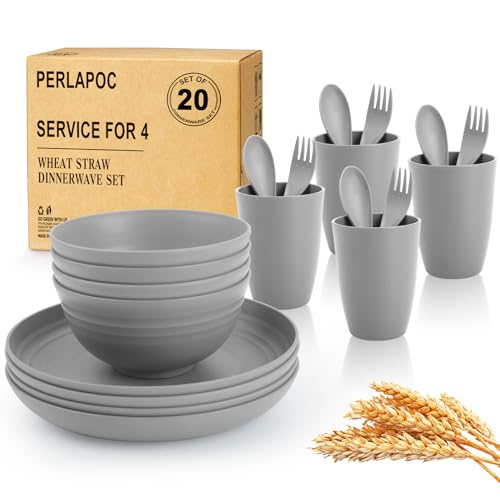 Image of Wheat Straw Dinnerware Sets, 20 PCS Service for 4, Dishwasher & Microwave Safe Kids Plates and Bowls Sets, Unbreakable Lightweight Outdoor Camping Dishes - Gray