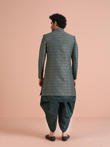 Image of KISAH Men's Ethnic Wear Silk Blend Printed Regular Fit Green Kurta Indo-Western Sherwani Set Indo-Western|42
