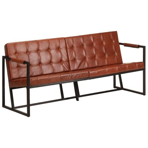 WEMYUFURN Vintage 3-Sitzer Sofa aus echtem Ziegenleder mit Stahlbeinen - Robustes Wohnzimmer Sofa für warme Atmosphäre und langlebigen Sitzkomfort