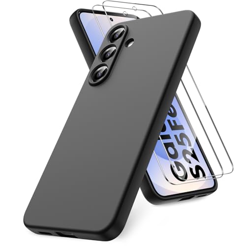 Vansdon Funda Compatible con Samsung Galaxy S25 FE, 2 Unidades Protector Pantalla Cristal Templado, Silicona Líquida Gel Ultra Suave Funda- Negro