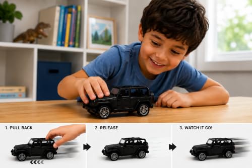 Image of Braintastic Model Diecast Car Toy Vehicle Pull Back Friction with Openable Doors Light & Music Toys for Kids Age 3+ Years (Thar Jeep Small Black)