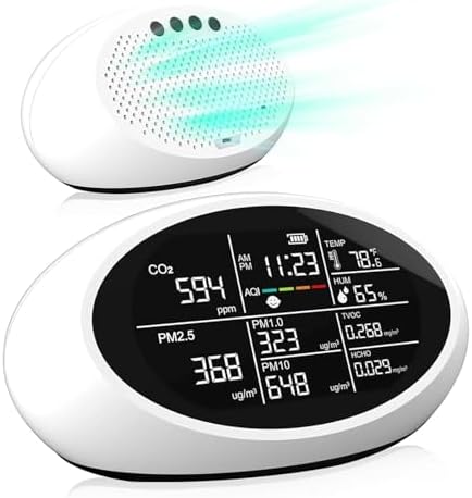12 in 1 Air Quality Monitor Indoor, Portable CO2 Detector for CO2, Temperature (°F), Humidity, VOC, PM2.5, PM1.0, PM10 &amp; Time Display, 【Dual Chip &amp; High Accuracy】Air Quality Tester for Home