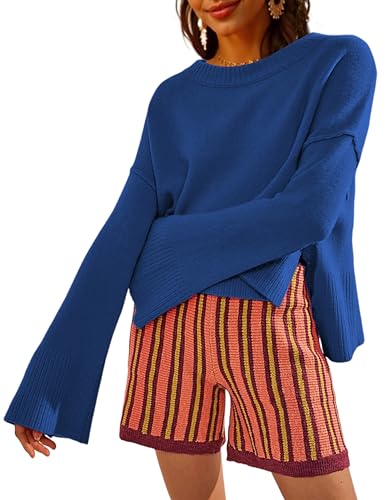 Image of Womens Lightweight Sweaters Crewneck Bell-Style Sleeve Batwing Knit Tops Slouchy Soft Pullover Jumpers(Navy-S)