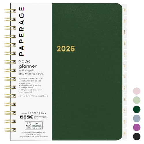 PAPERAGE 2026 Weekly & Monthly Planner, 12 Months (January 2026 - December 2026), 6.6 in x 8.1 in, Spiral Bound 2026 Planner with Weekly, Monthly & Yearly Views, Note Pages & Inner Pocket – Dark Green