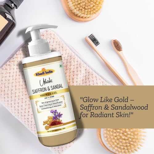 Image of Khadi Saffron & Sandalwood Body Wash Gel 300 ml | Brightening, Hydrating & Soothing | Antioxidant Rich, Anti Aging | Woody Aroma | Body Wash Shower Gel For Women & Men | All Skin Types