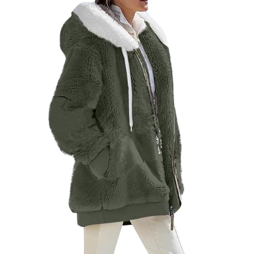 Fuzzy Fleece Jackets for Women Plus Size Hoodies Fall Winter Coats Color Block Patchwork Cardigan Coat with Pockets