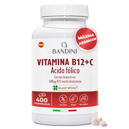 Bandini® Vitamina B12 y Ácido Fólico | 400 comprimidos por + 1 año | Con formas bioactivas: 500 µg de B12 en forma de metilcobalamina y 200 µg de folato Quatrefolic ® | Para la absorción de hierro