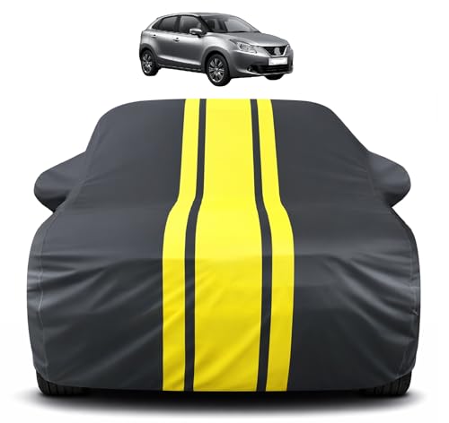 Image of Auto Hub Car Cover Compatible with Maruti Baleno with Antenna & Mirror Pocket, Soft Cotton Lining, Baleno Car Cover Waterproof - Yellow-Black