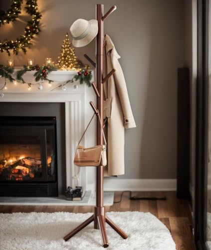 Image of Ash & Roh Natural Wooden Coat Rack Stand With Hooks Adjustable Height, Easy Assembly, Sturdy Solid Base for Coats, Hats, Handbags Entryway, Hallway, Bedroom, Office (Walnut, 92-2)