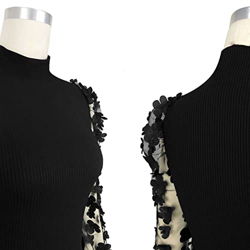 Fastkoala Women's Sexy Ribbed Bodycon Dress Lace Long Sleeve Slim Fit Midi Dress Turtle Neck Night Club Party Dresses Black L #TOP4