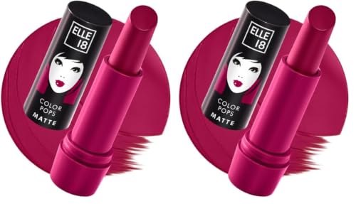 Image of Elle 18 Color Pops Matte Lipstick, Berry Tea, Moisturising Bullet Matte, with Vitamin E, Highly Pigmented, Infused with Jojoba Oil and Shea Butter | 4.3 g (Pack of 2)