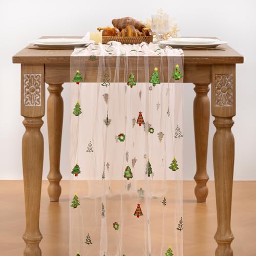 Image of Christmas Tree Embroidery Table Runner White Sheer Tulle Table Runner, 3PC